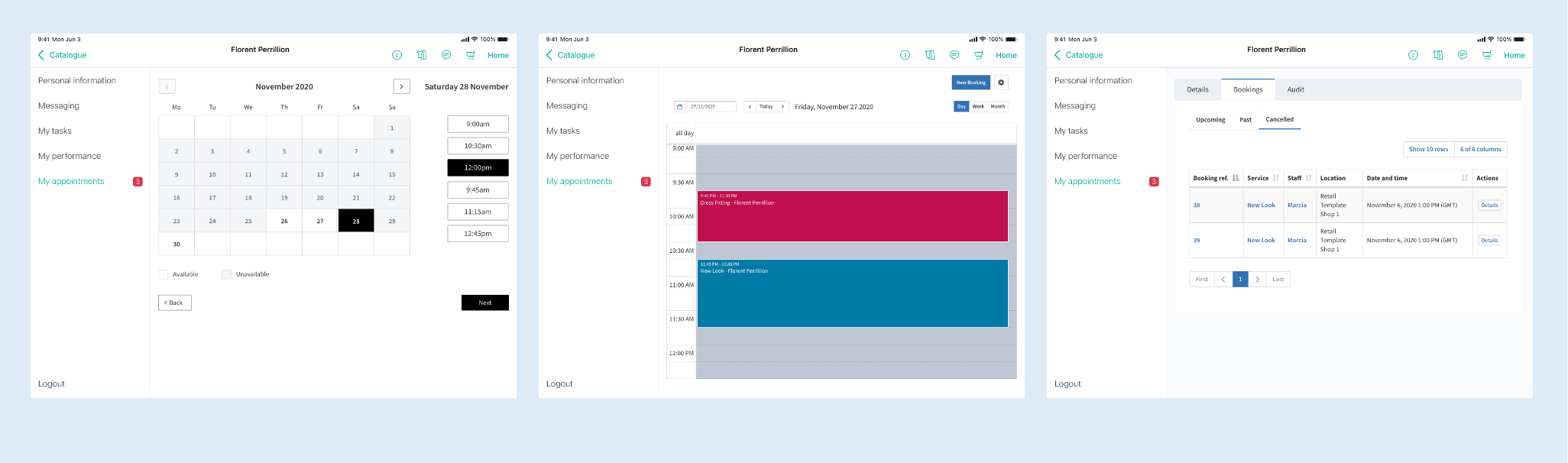 A view of an employee's dashboard showing upcoming appointments and availability